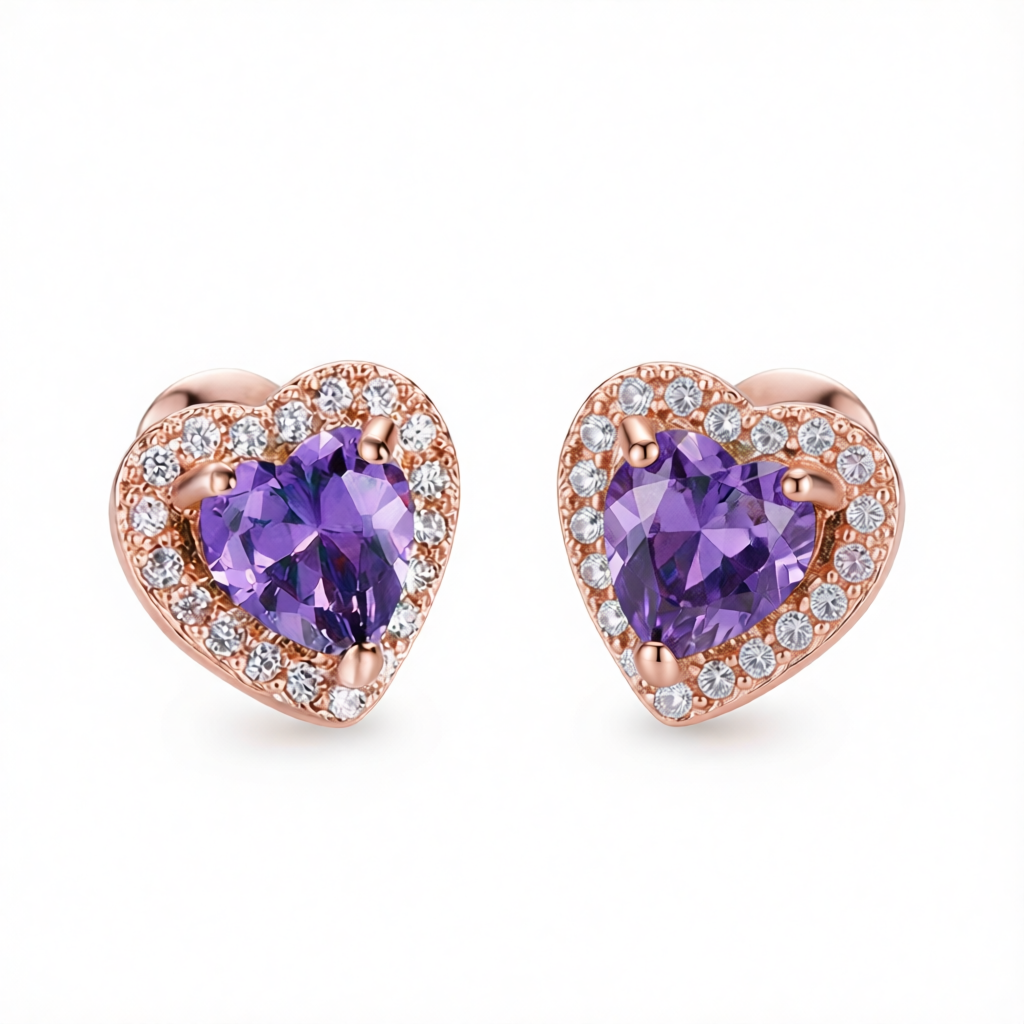 Purple Crystal & Cubic Zirconia 18K Rose Gold-Plated Halo Heart Stud Earrings