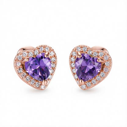 Purple Crystal & Cubic Zirconia 18K Rose Gold-Plated Halo Heart Stud Earrings