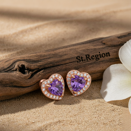 Purple Crystal & Cubic Zirconia 18K Rose Gold-Plated Halo Heart Stud Earrings