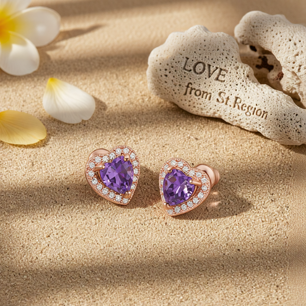 Purple Crystal & Cubic Zirconia 18K Rose Gold-Plated Halo Heart Stud Earrings