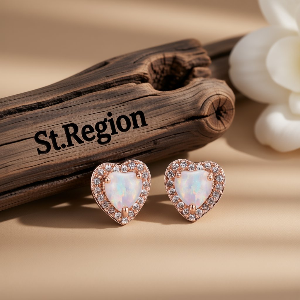 Cubic Zirconia and Opal 18K Rose Gold-Plated Halo Heart Stud Earrings, rose gold stud earrings for women, front view
