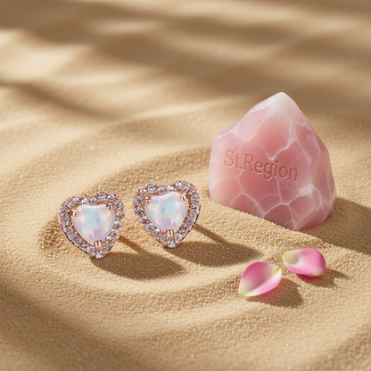 Cubic Zirconia and Opal 18K Rose Gold-Plated Halo Heart Stud Earrings, rose gold stud earrings for women, detail close-up