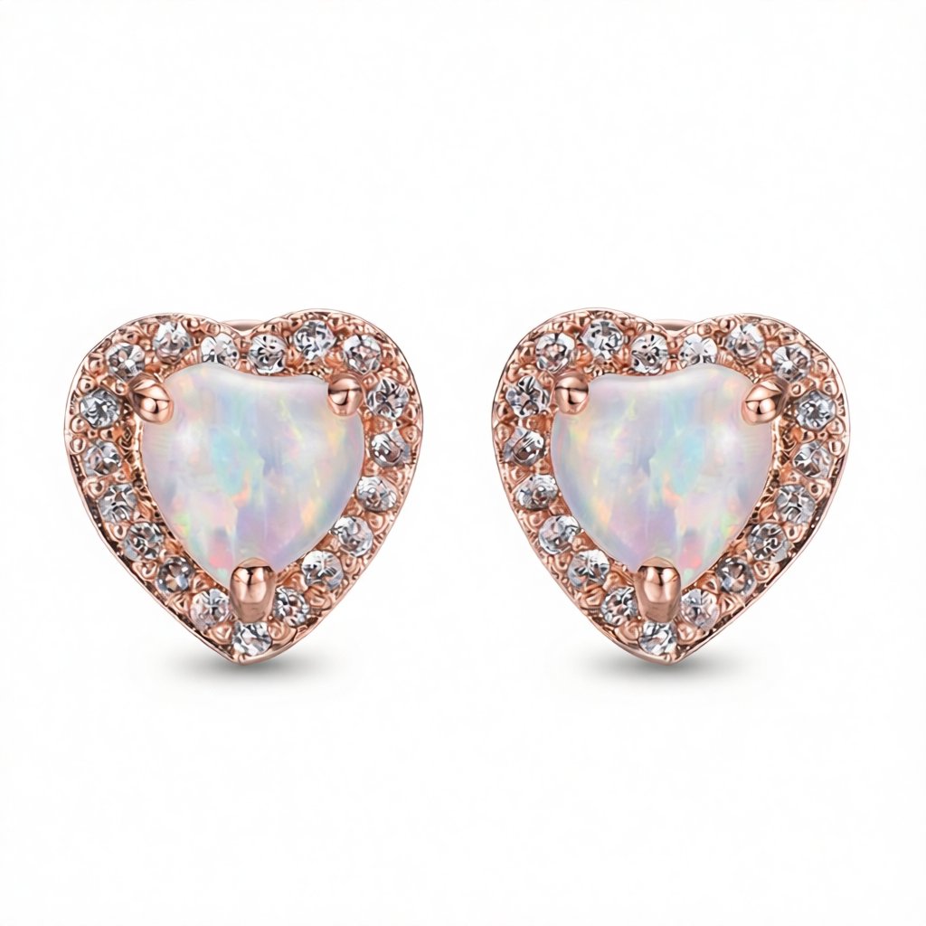 Cubic Zirconia and Opal 18K Rose Gold-Plated Halo Heart Stud Earrings, rose gold stud earrings for women, side view