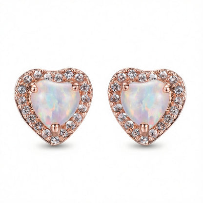 Cubic Zirconia and Opal 18K Rose Gold-Plated Halo Heart Stud Earrings, rose gold stud earrings for women, side view