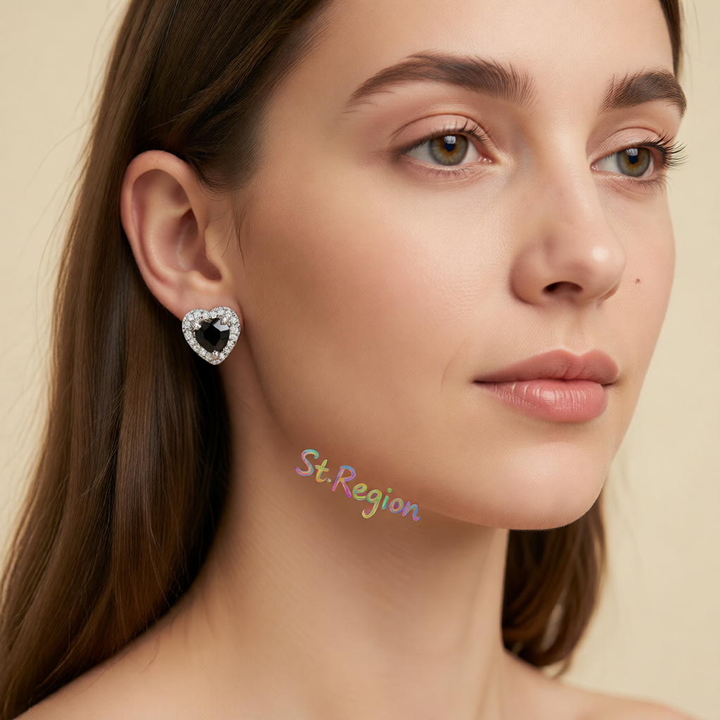 Black Crystal & Cubic Zirconia Silver-Plated Halo Heart Stud Earrings