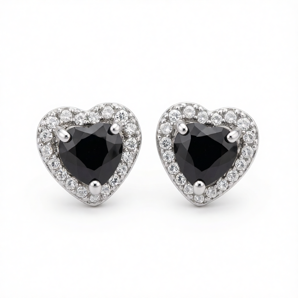 Black Crystal & Cubic Zirconia Silver-Plated Halo Heart Stud Earrings
