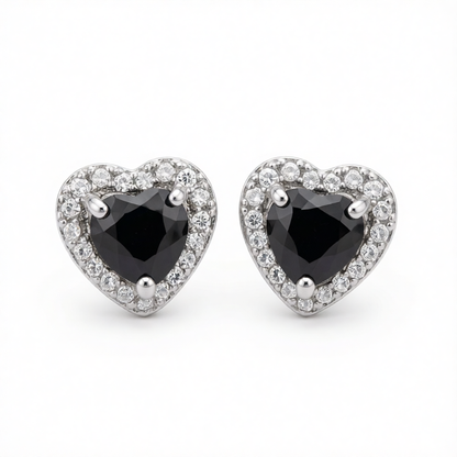 Black Crystal & Cubic Zirconia Silver-Plated Halo Heart Stud Earrings