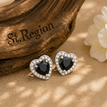 Black Crystal & Cubic Zirconia Silver-Plated Halo Heart Stud Earrings