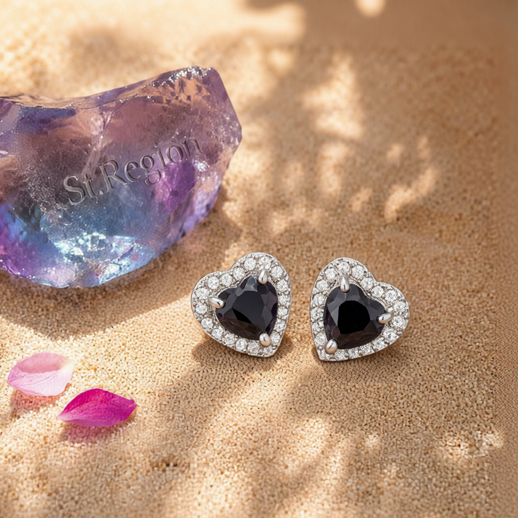 Black Crystal & Cubic Zirconia Silver-Plated Halo Heart Stud Earrings