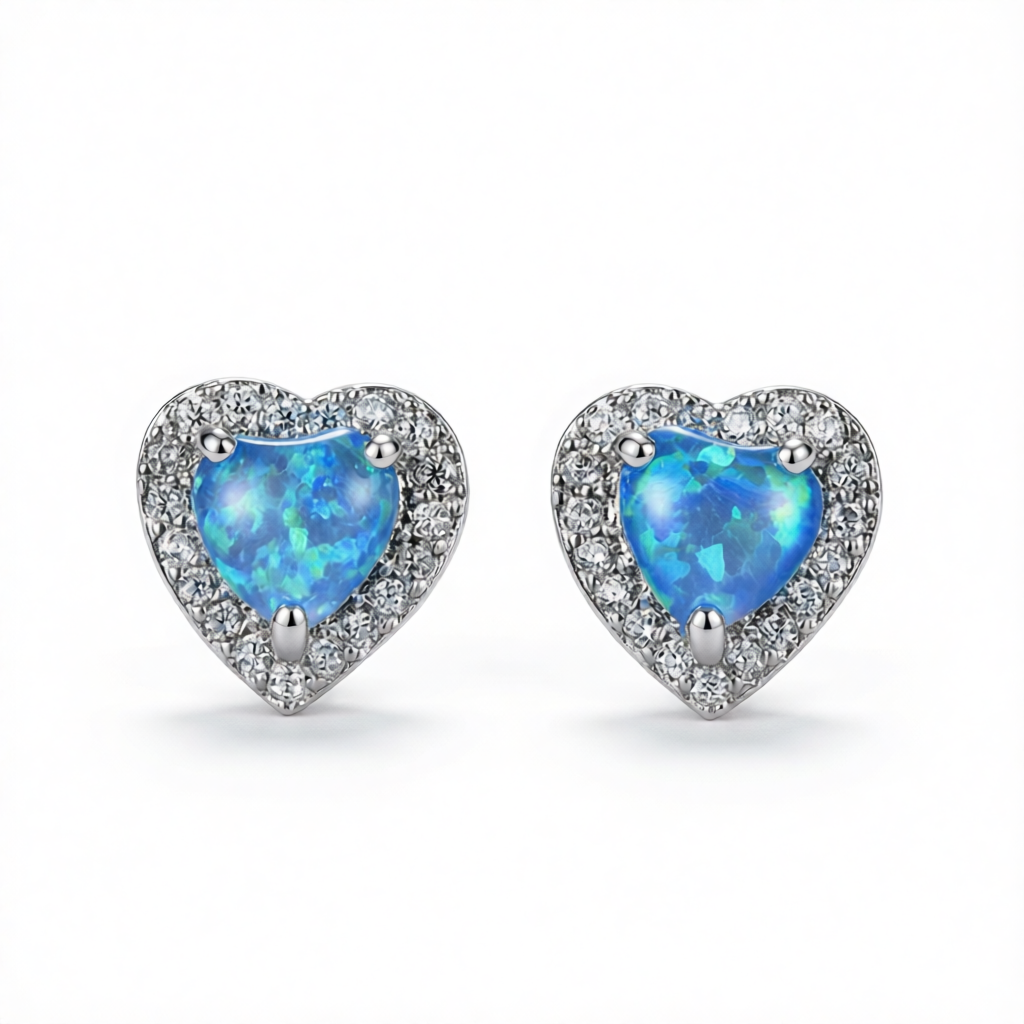 Blue Opal & Cubic Zirconia Silver-Plated Halo Heart Stud Earrings