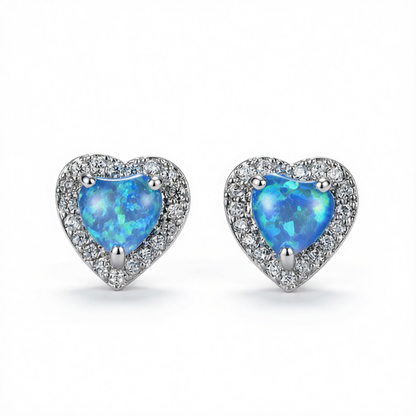 Blue Opal & Cubic Zirconia Silver-Plated Halo Heart Stud Earrings