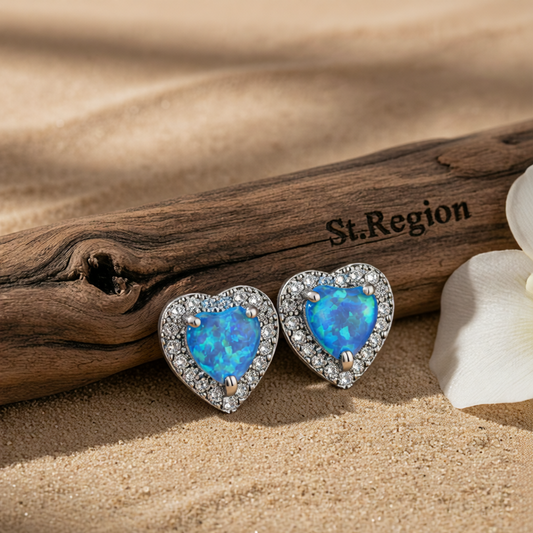 Blue Opal & Cubic Zirconia Silver-Plated Halo Heart Stud Earrings