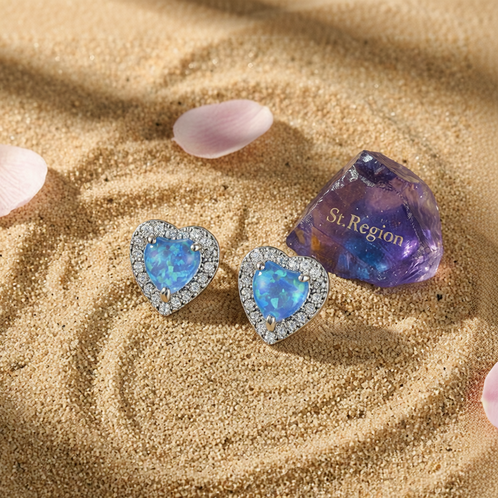 Blue Opal & Cubic Zirconia Silver-Plated Halo Heart Stud Earrings