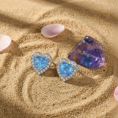 Blue Opal & Cubic Zirconia Silver-Plated Halo Heart Stud Earrings