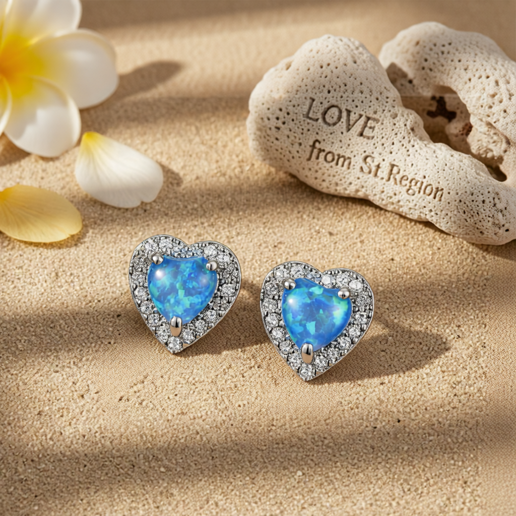 Blue Opal & Cubic Zirconia Silver-Plated Halo Heart Stud Earrings