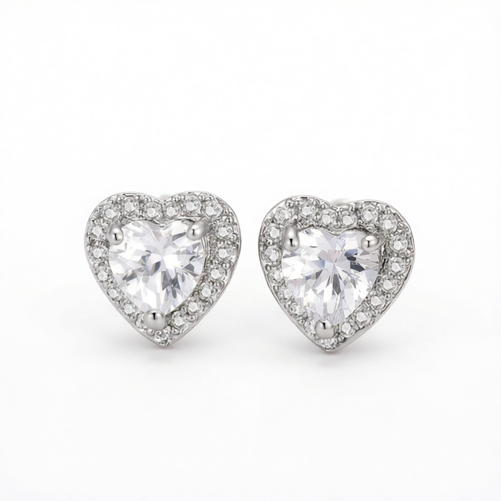 Clear Crystal & Cubic Zirconia Silver-Plated Halo Heart Stud Earrings