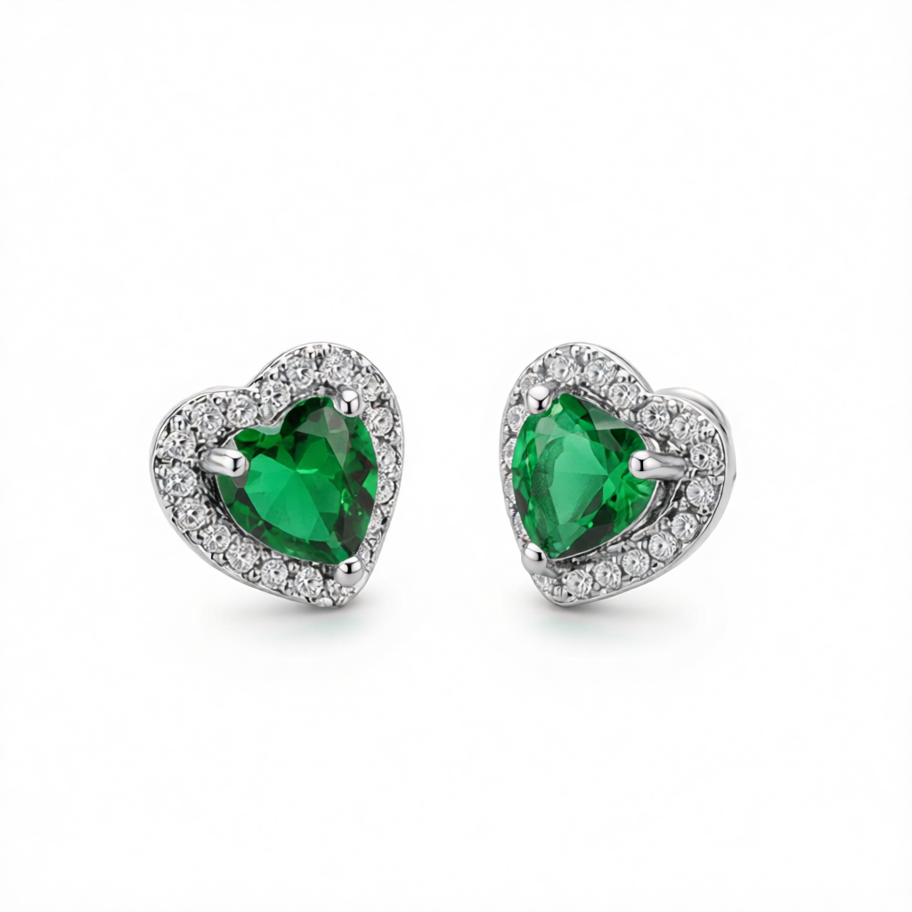 Green Crystal & Cubic Zirconia Silver-Plated Halo Heart Stud Earrings