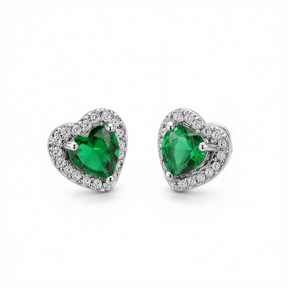 Green Crystal & Cubic Zirconia Silver-Plated Halo Heart Stud Earrings