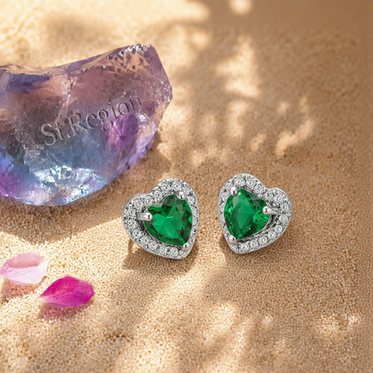 Green Crystal & Cubic Zirconia Silver-Plated Halo Heart Stud Earrings
