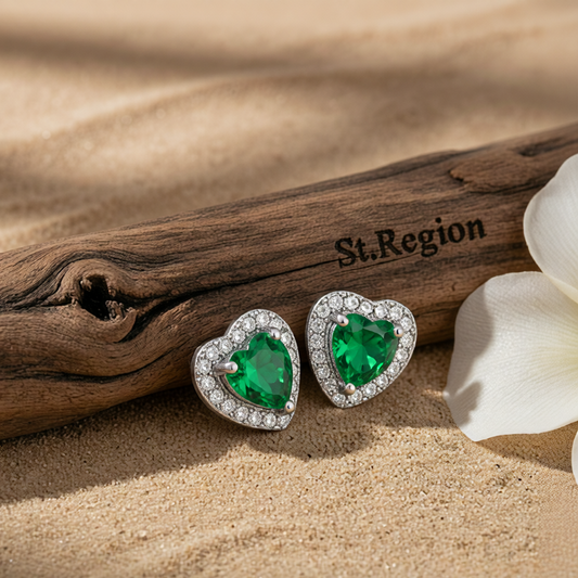 Green Crystal & Cubic Zirconia Silver-Plated Halo Heart Stud Earrings