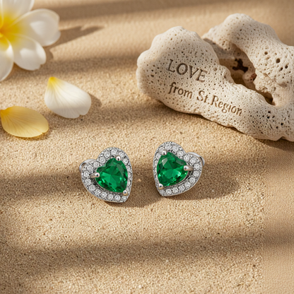 Green Crystal & Cubic Zirconia Silver-Plated Halo Heart Stud Earrings