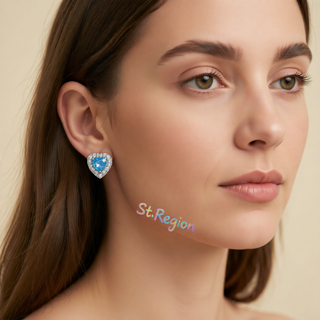 Light Blue Crystal & Cubic Zirconia Silver-Plated Halo Heart Stud Earrings