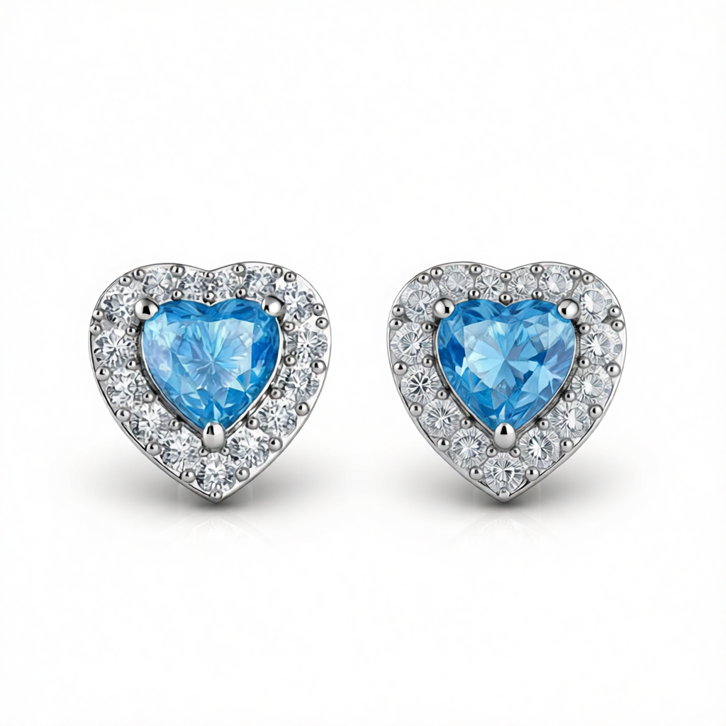 Light Blue Crystal & Cubic Zirconia Silver-Plated Halo Heart Stud Earrings