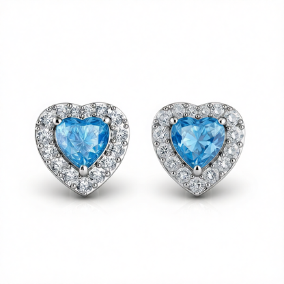 Light Blue Crystal & Cubic Zirconia Silver-Plated Halo Heart Stud Earrings