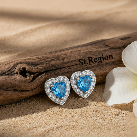 Light Blue Crystal & Cubic Zirconia Silver-Plated Halo Heart Stud Earrings