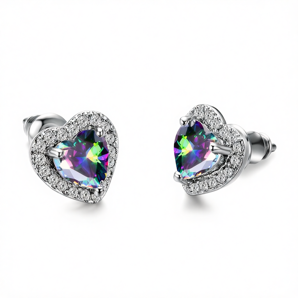 Colored Crystal & Cubic Zirconia Silver-Plated Halo Heart Stud Earrings