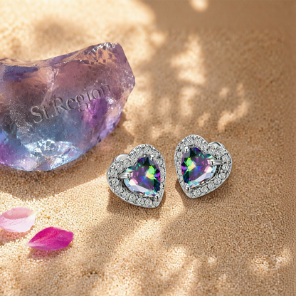 Colored Crystal & Cubic Zirconia Silver-Plated Halo Heart Stud Earrings