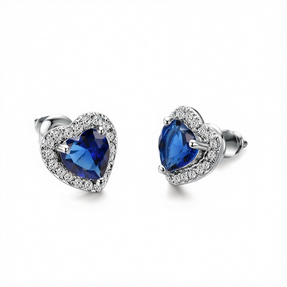 Navy Crystal & Cubic Zirconia Silver-Plated Halo Heart Stud Earrings