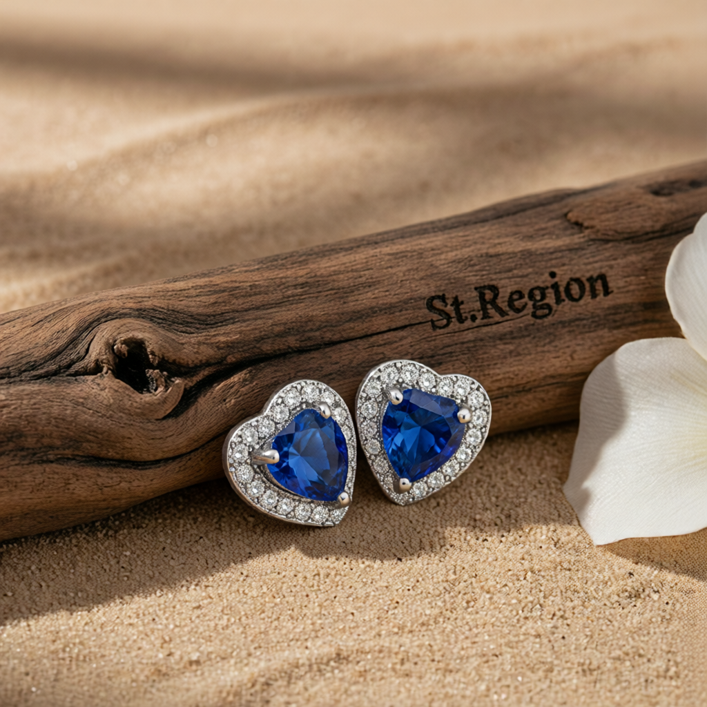 Navy Crystal & Cubic Zirconia Silver-Plated Halo Heart Stud Earrings