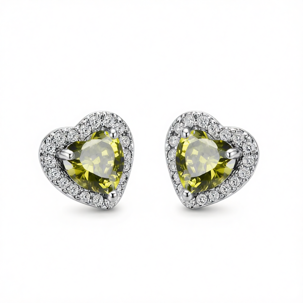 Olive Crystal & Cubic Zirconia Silver-Plated Halo Heart Stud Earrings