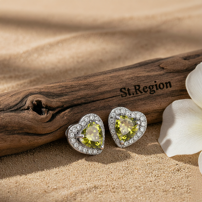 Olive Crystal & Cubic Zirconia Silver-Plated Halo Heart Stud Earrings