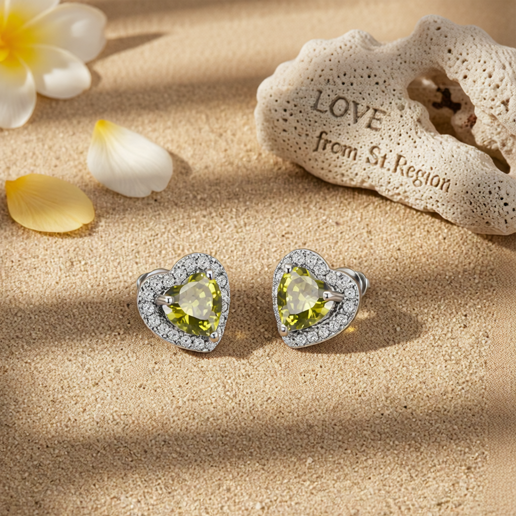 Olive Crystal & Cubic Zirconia Silver-Plated Halo Heart Stud Earrings