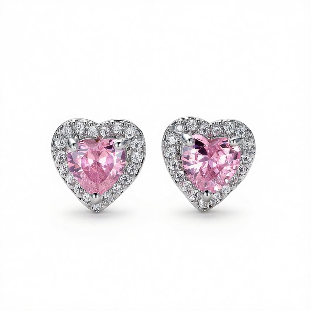 Pink Crystal & Cubic Zirconia Silver-Plated Halo Heart Stud Earrings
