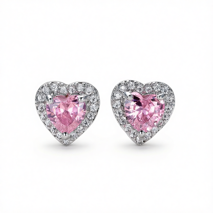Pink Crystal & Cubic Zirconia Silver-Plated Halo Heart Stud Earrings
