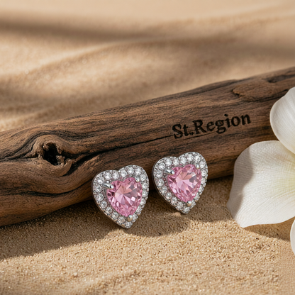 Pink Crystal & Cubic Zirconia Silver-Plated Halo Heart Stud Earrings