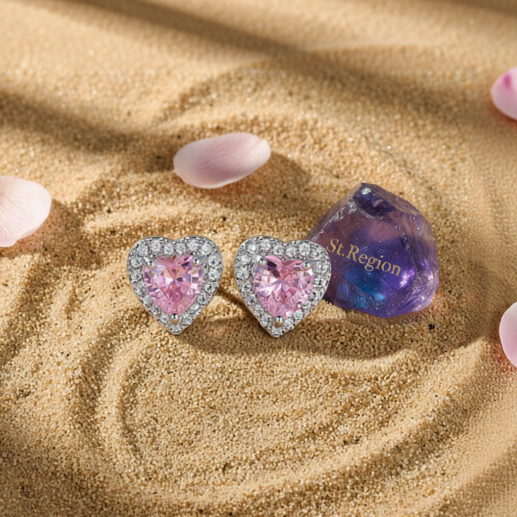 Pink Crystal & Cubic Zirconia Silver-Plated Halo Heart Stud Earrings