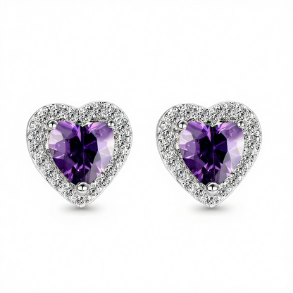 Purple Crystal & Cubic Zirconia Silver-Plated Halo Heart Stud Earrings