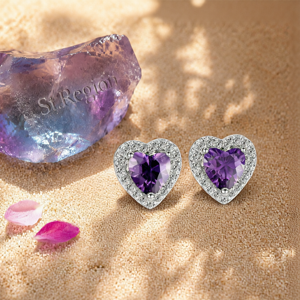 Purple Crystal & Cubic Zirconia Silver-Plated Halo Heart Stud Earrings