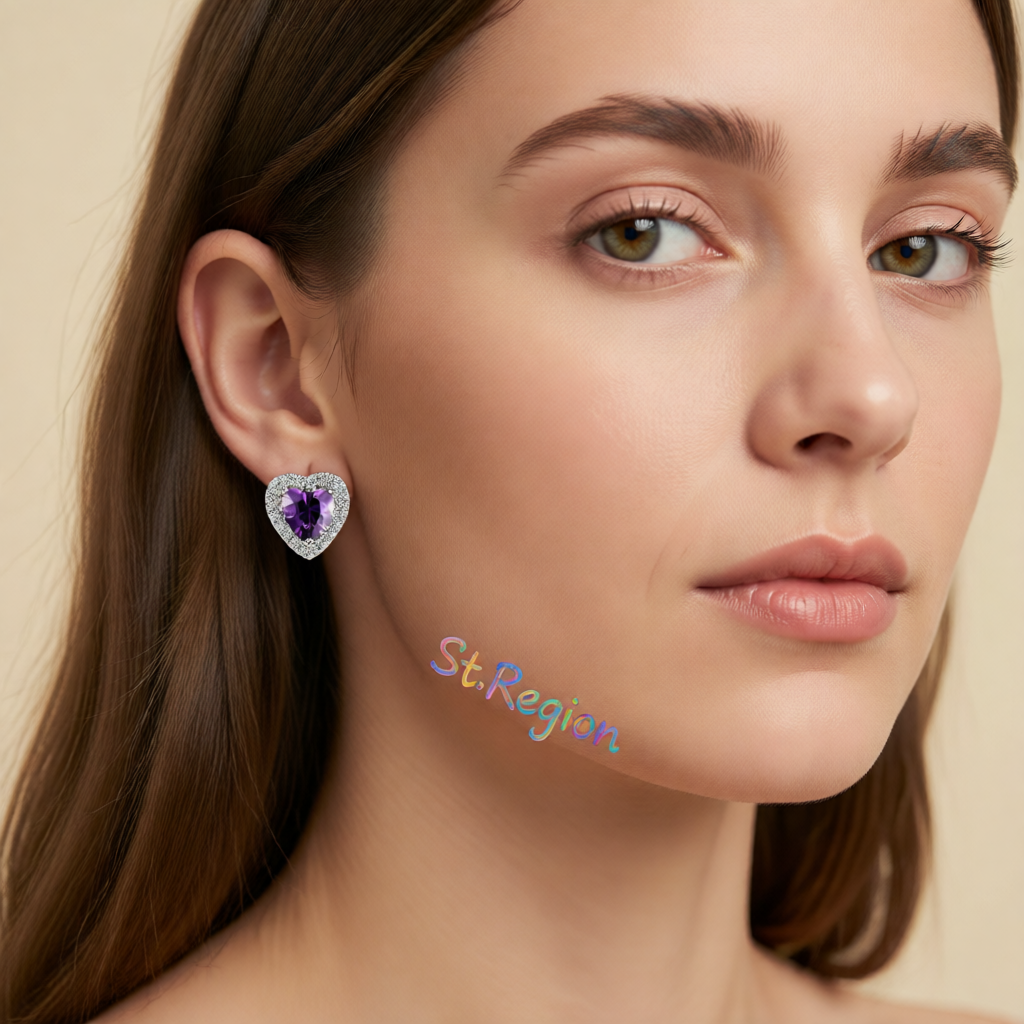 Purple Crystal & Cubic Zirconia Silver-Plated Halo Heart Stud Earrings