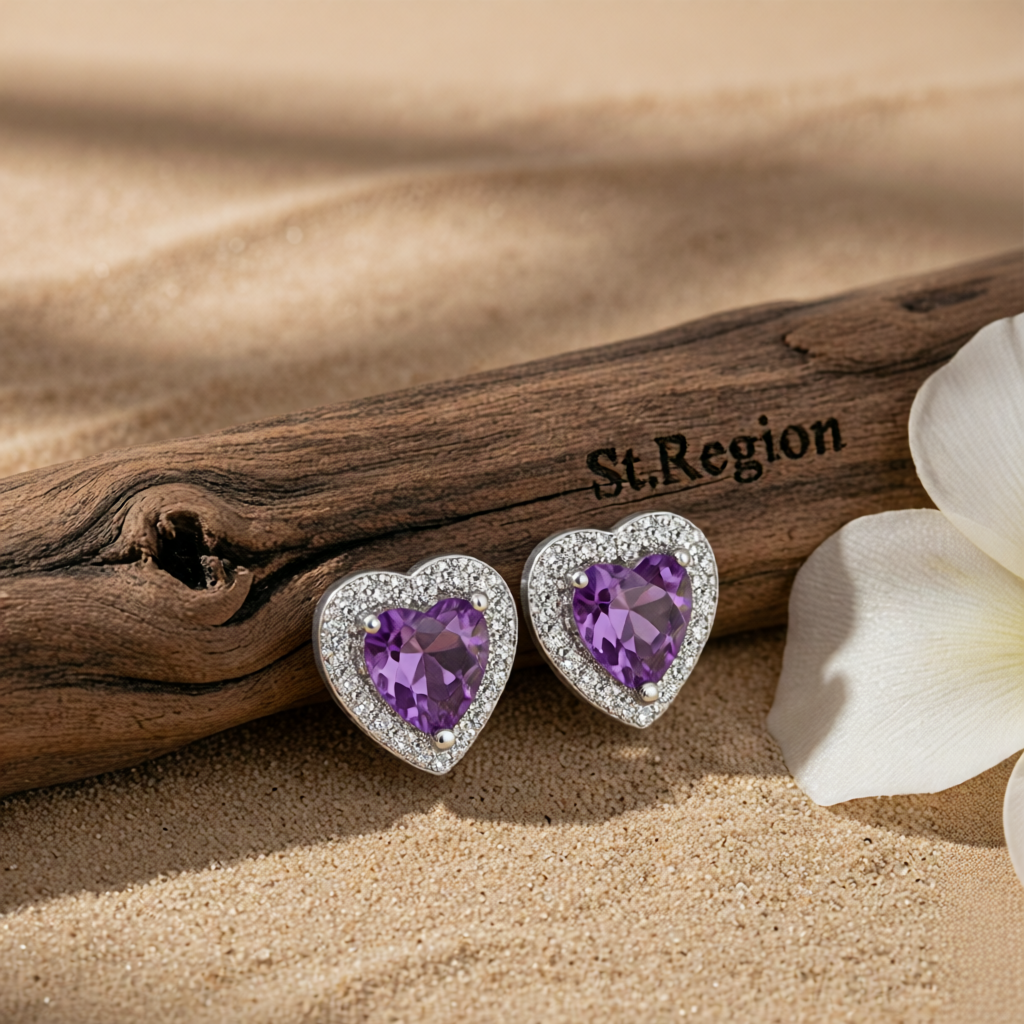 Purple Crystal & Cubic Zirconia Silver-Plated Halo Heart Stud Earrings