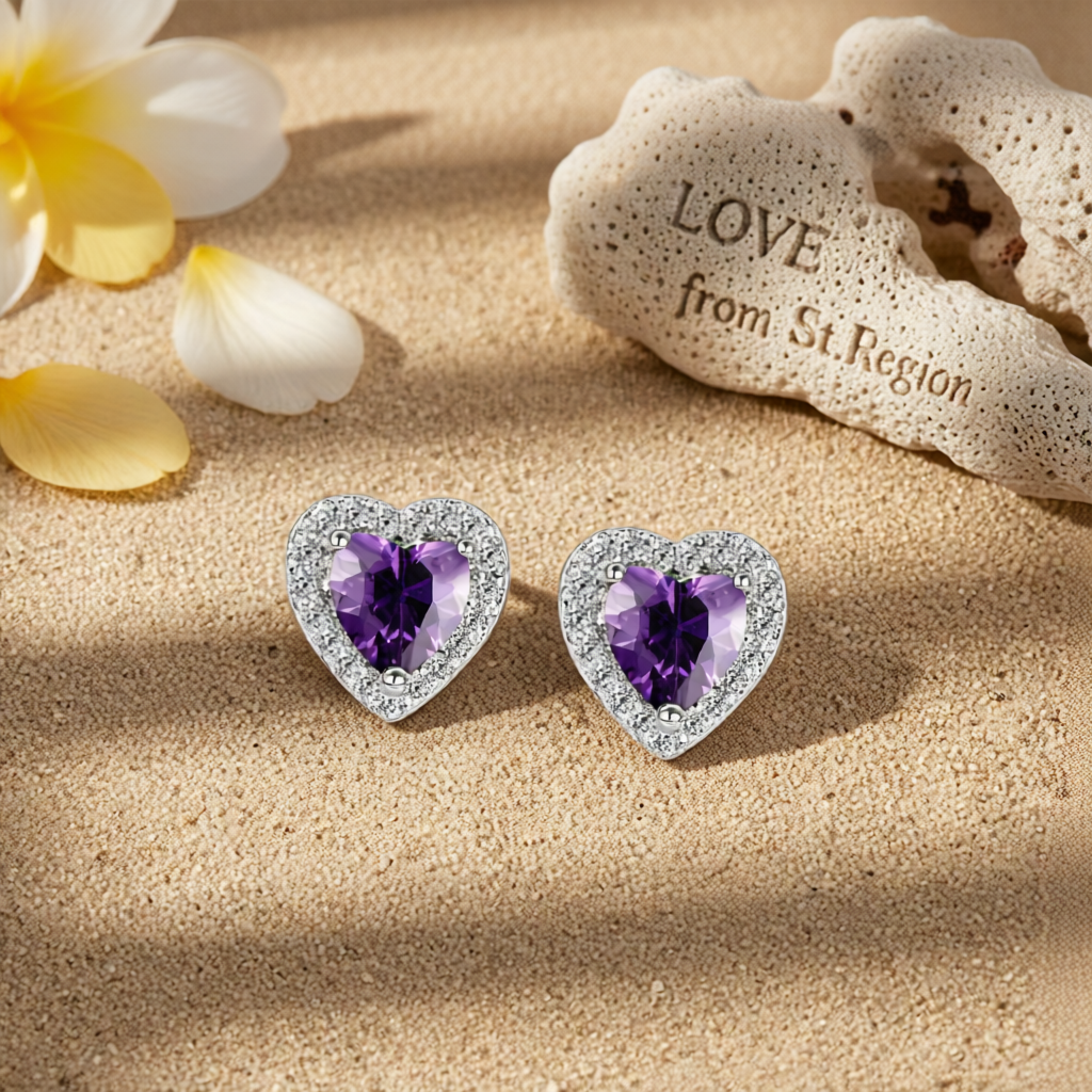 Purple Crystal & Cubic Zirconia Silver-Plated Halo Heart Stud Earrings