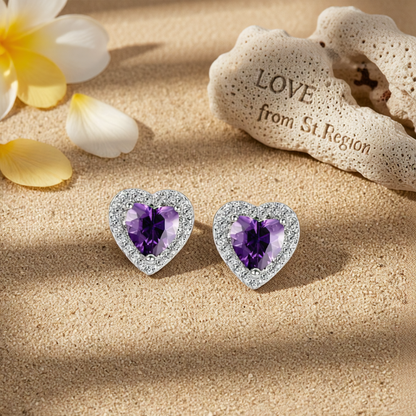 Purple Crystal & Cubic Zirconia Silver-Plated Halo Heart Stud Earrings