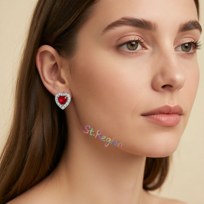 Red Crystal & Cubic Zirconia Silver-Plated Halo Heart Stud Earrings