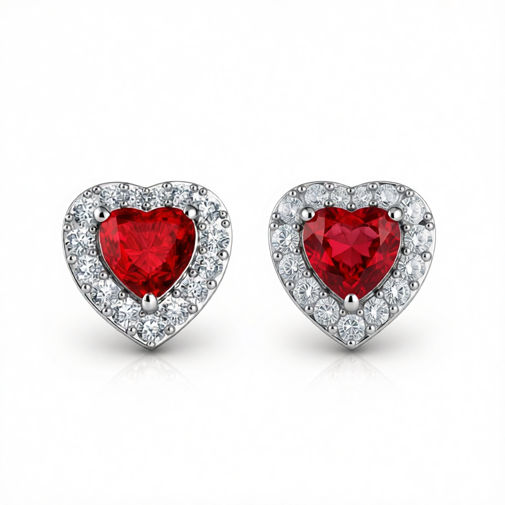 Red Crystal & Cubic Zirconia Silver-Plated Halo Heart Stud Earrings