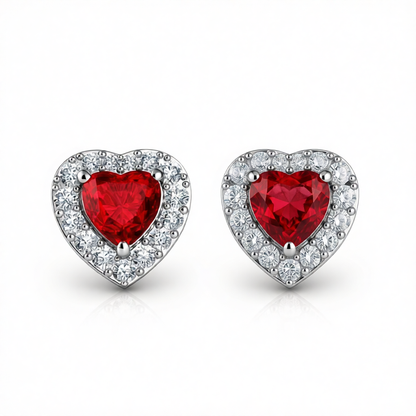 Red Crystal & Cubic Zirconia Silver-Plated Halo Heart Stud Earrings