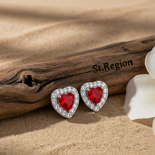 Red Crystal & Cubic Zirconia Silver-Plated Halo Heart Stud Earrings